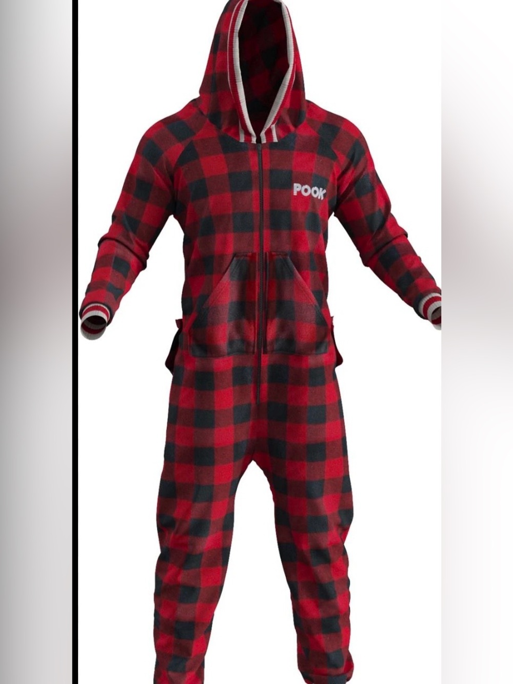 Pook Red and Black Plaid Adult Hooded One-Piece Pajamas Medium